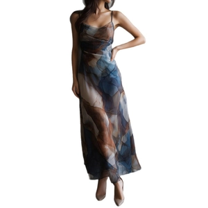 Elegant sleeveless long dress with marble print and thin straps for beach vacation