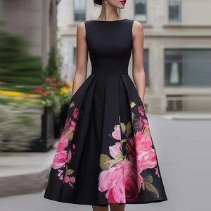 Women Elegant Sleeveless Floral Print Midi Dress Round Neck High Waist Pleated A-Line Retro Cocktail Party Summer Dress
