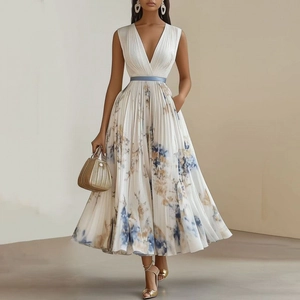 Women Sexy V-Neck Sleeveless Pleated Maxi Dress Elegant Abstract Print High Waist Flowy Evening Party Summer Vacation Dress