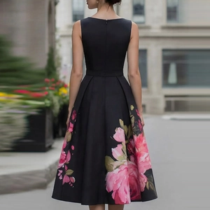 Close-up detail of the waist pleats and floral print on the black sleeveless dress