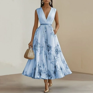 Elegant sleeveless V-neck pleated midi dress with blue tie-dye print and slim belt