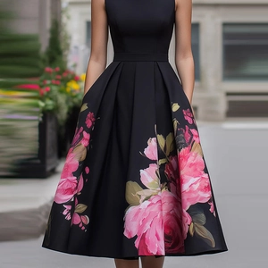 Detail of elegant black sleeveless floral dress with pleated skirt and cinched waist
