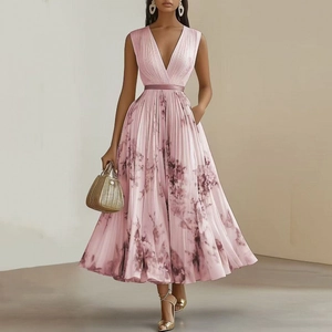 Elegant sleeveless V-neck pleated maxi dress with pink tie-dye print and slim waist