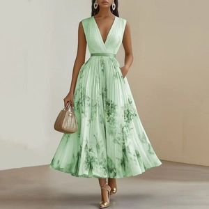 Elegant mint green sleeveless maxi dress with deep V-neck and pleated floral skirt