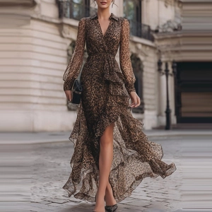Robe Maxi Élégante pour Femmes Imprimé Léopard Col en V Manches Longues Volant Ourlet Taille Haute Mousseline Fête