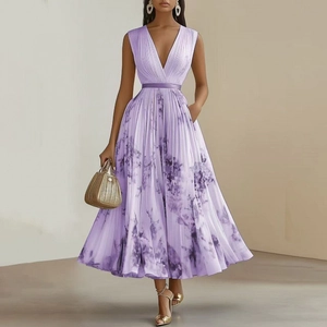 Detailed view of the purple deep V-neck sleeveless pleated dress with a gradient print texture