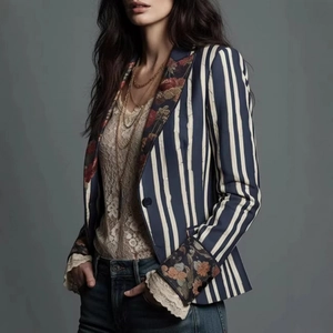 Damen Blazer im Boho-Stil mit Streifen, floralen Manschetten und Spitzenbesatz-Details