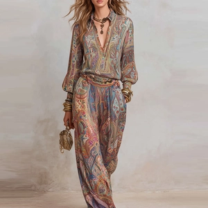 Bohemian Paisley Printed Women Top And Bottom Two Piece Set Deep V Neck Lantern Sleeve Blouse And Wide Leg Pants Outfits