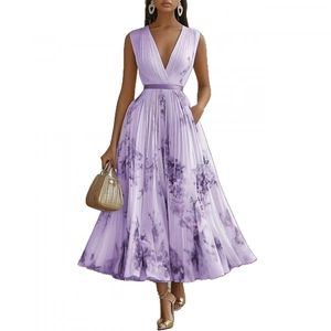 Elegant purple pleated sleeveless maxi dress with deep V-neck and floral pattern