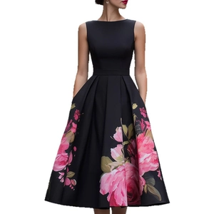 Elegant sleeveless A-line dress in black with pink rose floral print and pleated skirt