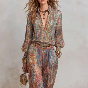 Close-up of bohemian paisley print texture on a deep V-neck long sleeve outfit