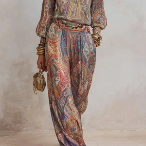 Detailed view of bohemian paisley print long sleeve top and high waist wide leg pants