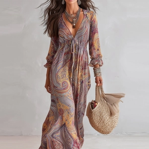 Bohemian paisley print deep V-neck maxi dress with high waist and ruffled long sleeves