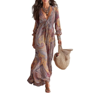 Bohemian paisley print v-neck maxi dress with long ruffle sleeves and drawstring waist