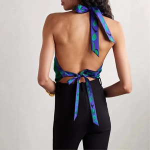 Haut dos nu sexy à imprimé géométrique violet avec ruban noué dans le dos
