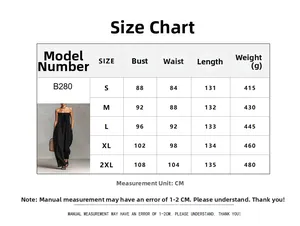 Detailed size chart for solid color wide-leg jumpsuits featuring measurements from S to 2XL