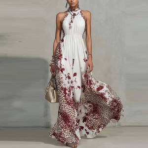 Detail of leopard and floral print on white chiffon halter maxi dress with slim high waist
