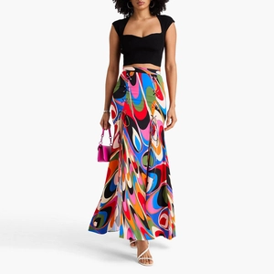Jupe Maxi Taille Haute pour Femmes Imprimé Tourbillon Abstrait Arc-en-Ciel Détail Fente à Lacets Streetwear Bohème