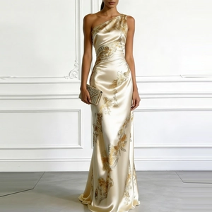 Élégante Robe Maxi en Satin Champagne Une Épaule Asymétrique Sans Manches Imprimé Floral Bodycon Taille Haute Robe de Soirée Femme