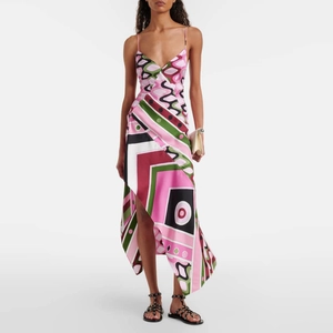 Women Sexy Geometric Print Backless Maxi Dress Irregular Hem Satin Strappy Deep V-Neck Sleeveless Summer Vacation Long Dress