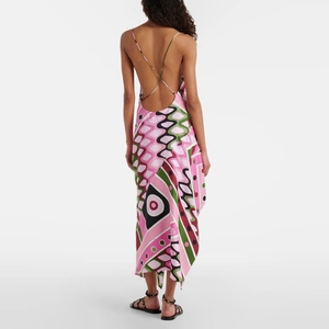 Women's backless sleeveless maxi dress with pink geometric print and asymmetric hemline