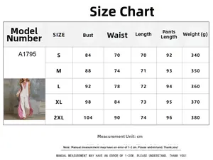 Size chart for women's printed two-piece set including measurements from S to 2XL