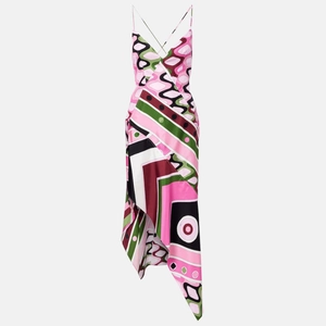 Floral print sleeveless midi dress with backless crisscross straps and asymmetric hemline