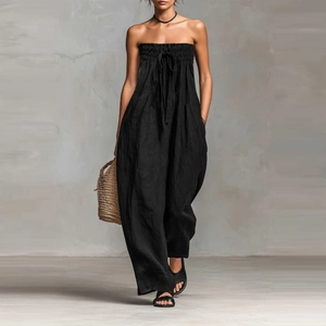 Women's Strapless Wide Leg Jumpsuit Solid Color Loose Fit Casual Summer One Piece Romper With Tie Bow Design Comfortable Jumpsuit