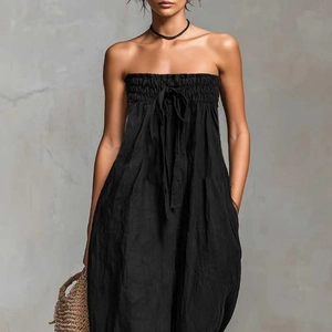 Women's solid black strapless wide leg jumpsuit with self-tie waist and side pockets