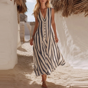 Robe Longue Bohême Été Col en V Profond Sans Manches Rayée Pour Femmes Plage Vacances Décontractée Coupe en A Boutons Devant