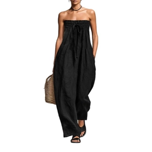 Elegant black strapless wide-leg jumpsuit with shirred bust and drawstring waist tie