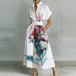 Damen Elegant Abstrakt Ölgemälde Floral Print Hemdkleid Mit Gürtel Kurzarm A-Linie Maxikleid Für Den Urlaub