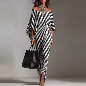 Abito Maxi Da Donna Casual Con Spalle Scoperte A Strisce Zebra Maniche A Pipistrello Largo Elegante Per Estate