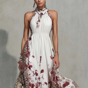 Halter neck maxi dress with floral and leopard print, high waist and flowing design