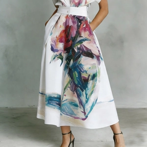 Detail eines floralen Midi-Rocks mit hohem Bund, abstrakter Ölmalerei-Print und Seitentaschen