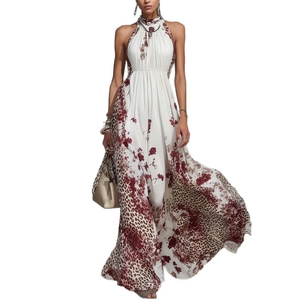 Sleeveless halter maxi dress featuring leopard print and red floral chiffon panels