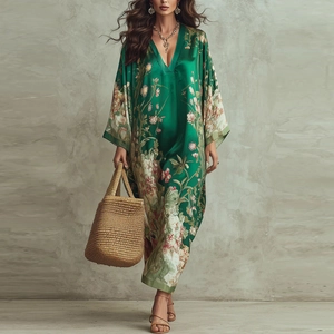 Robe Maxi en Satin Imprimé Floral Col en V Bohème Femme Manches Longues Amples Élégante Robe de Vacances d'été Fête