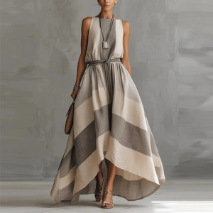 Damen Casual Ärmelloses Gestreiftes Maxi Kleid Rundhalsausschnitt Bindegürtel High-Low Saum Sommer Streetwear Elegantes Langes Kleid