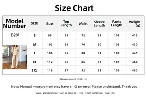 Size chart for V-neck long sleeve top and pants set with detailed measurements in CM