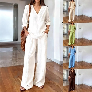 Detail showing various colors of women's V-neck long sleeve and wide-leg cotton linen set