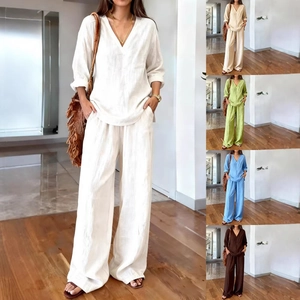 Women Top And Bottom Casual V Neck Long Sleeve Pullover Top And Wide Leg Pants Two Piece Leisure Solid Color Set