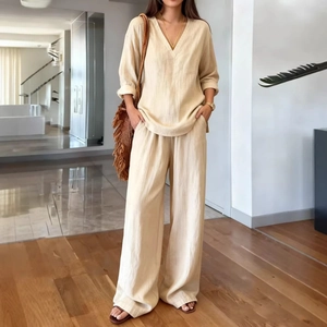 Women's V-neck long sleeve top and wide leg pants set in beige cotton linen fabric