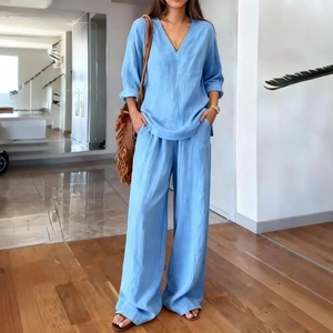 Women's casual light blue V-neck long sleeve top and wide-leg trousers two-piece cotton set