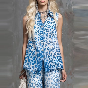 Women's 2-piece set featuring sleeveless blue leopard print shirt and matching long pants