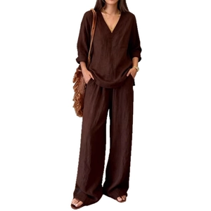 Minimalist deep brown two-piece leisure set with V-neck long sleeve top and wide leg pants