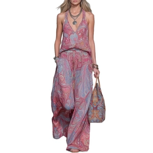 Completo donna 2 pezzi in chiffon con stampa paisley, top all'americana e pantaloni larghi