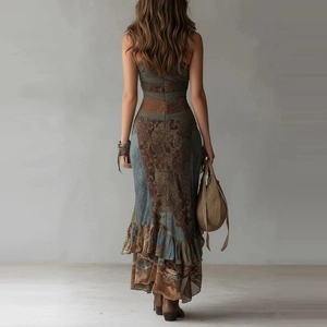 Detailed back view of a bohemian floral maxi dress with patchwork print and high slit