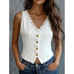 Débardeur Femme Vintage Dentelle Col V Sans Manches Élégant Gilet Blanc Amincissant Avec Boutons Dorés