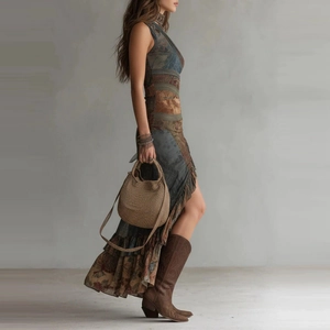 Vintage patchwork print asymmetric long dress with high slit and bohemian style