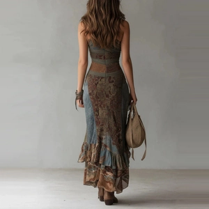 Vintage bohemian patchwork print maxi dress with ruffle hem and slim fishtail silhouette